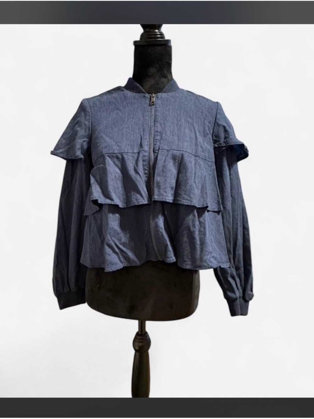 Women's Ruffled Zip-Front Jacket - Navy